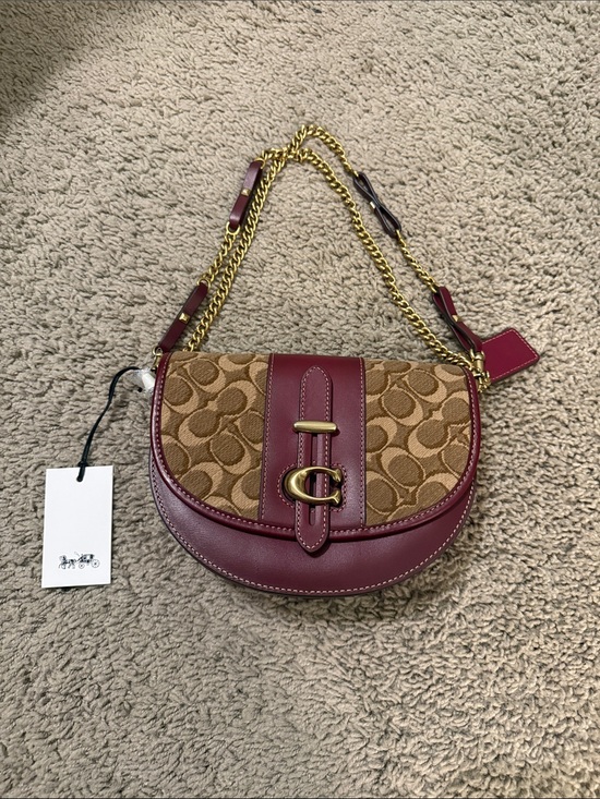 Coach Handbags - Coach Saddle Bag in Brown Canvas with Burgundy Leather & Gold Hardware